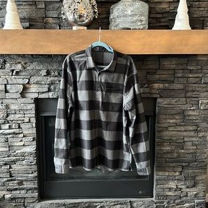 Black and gray plaid button down with zipper front pocket